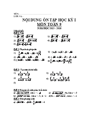 Nội dung ôn tập học kỳ I môn Toán 9 năm học 2015 - 2016